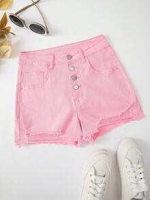 Women's Summer New Button-Up Distressed Raw Hem Mid-Waist Denim Shorts - Pink - View 1