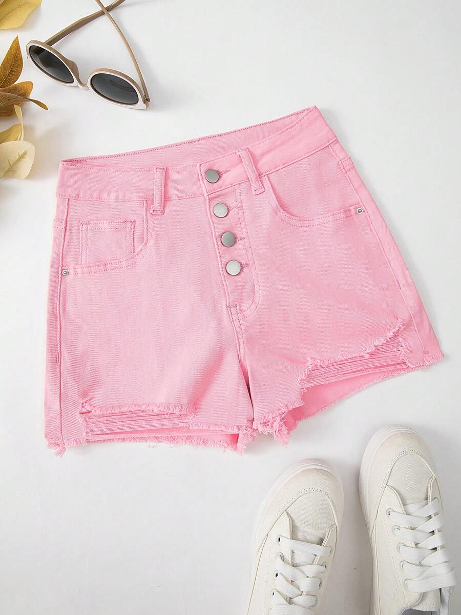 Women's Summer New Button-Up Distressed Raw Hem Mid-Waist Denim Shorts - Pink - View 1