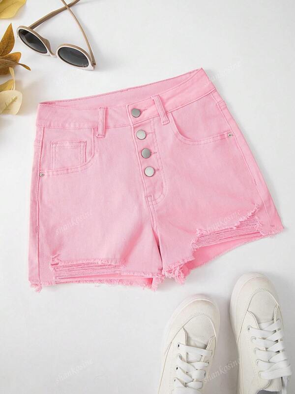 Shorts di jeans donna nuovi per l'estate, a vita media, con bottoni, effetto vissuto e orlo grezzo