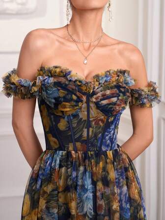 Elegant Handmade Floral Decor Off Shoulder Mesh Floral Party Ball Gown Dress For Women, Prom Dress