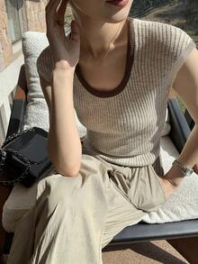 女式时尚 U 领拼色短袖套头衫，夏季 - 杏色 - 查看 3
