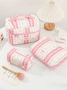 1 Piece Plaid Lace Quilted Pink Zipper Bag Sweet Style Large Capacity Bow&Love Portable Zipper Makeup Bags Fashionable Portable Makeup Bag, Multi-Functional Storage Bag For Lipstick, Sanitary Napkin, Coins, Keys Etc Women Skincare Organizer Bag Print Flower Makeup Organizer Storage Bag Graduation