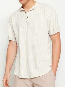 亚麻风格短袖纽扣条纹衬衫，夏季 - 杏色 - 查看 2