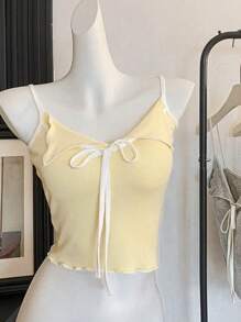 Damen sexy farbblockiges V-Ausschnitt Schleifen Rüschen Saum verstellbare Träger Bustier Top für Yoga & Sport