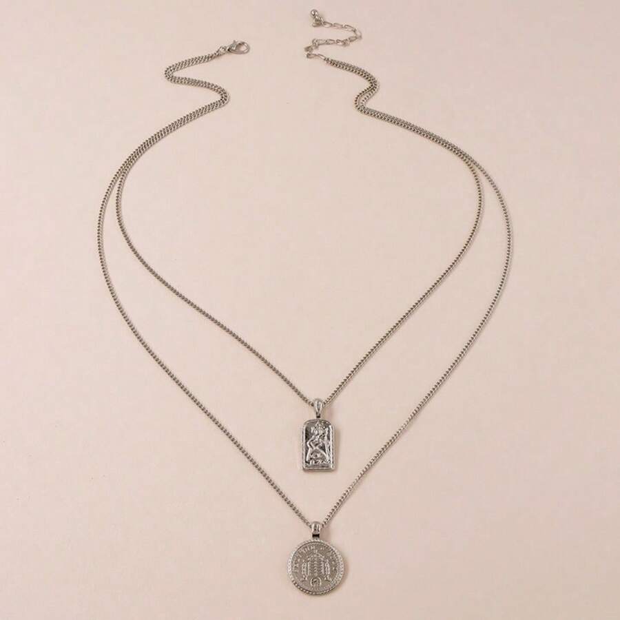 1pc European&American Popular Geometric Circle Coin Pendant Necklace, Double Layered Metal Minimalist Elegant Clavicle Chain For Women - Silver - View 1