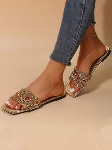 Plus Size Sequin Slide Sandals For Women, New Summer Square Toe Fashion Korean Style Comfortable Luxury Rhinestone Moon Pattern Flat Slippers - Gold - View 5