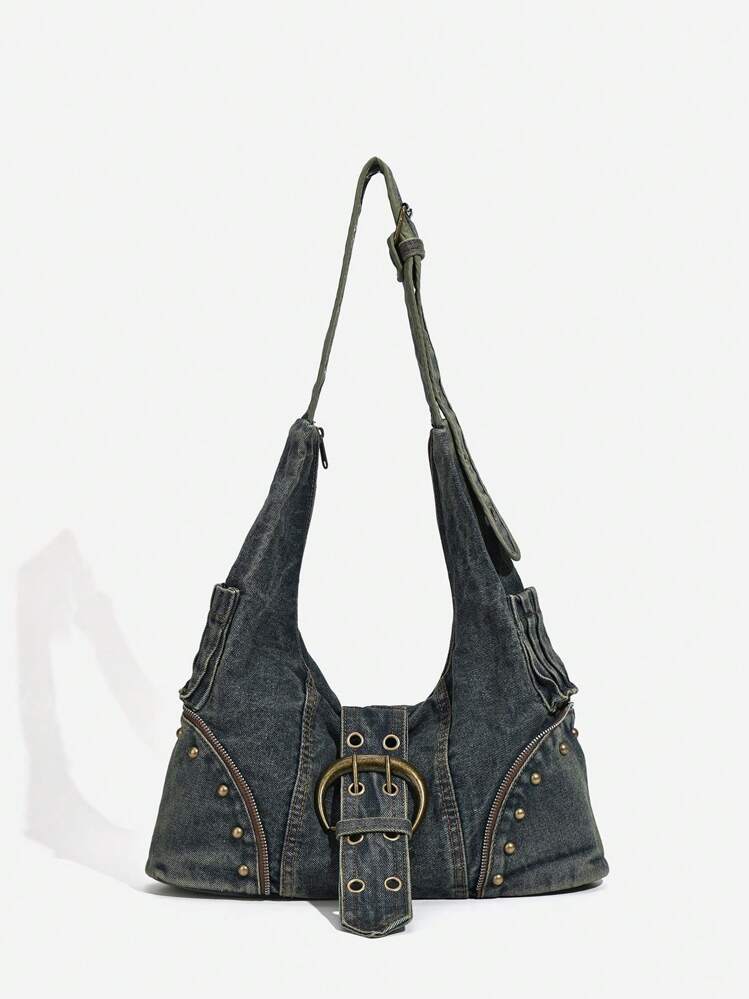 1 paquete, Bolso de mujer de estilo punk Y2K, diseño de Body pesado estilo "chica caliente" con tachuelas, bolso de tote de moda, la correa del hombro se puede ajustar, adecuado para compras, viajes, viajes diarios, etc.