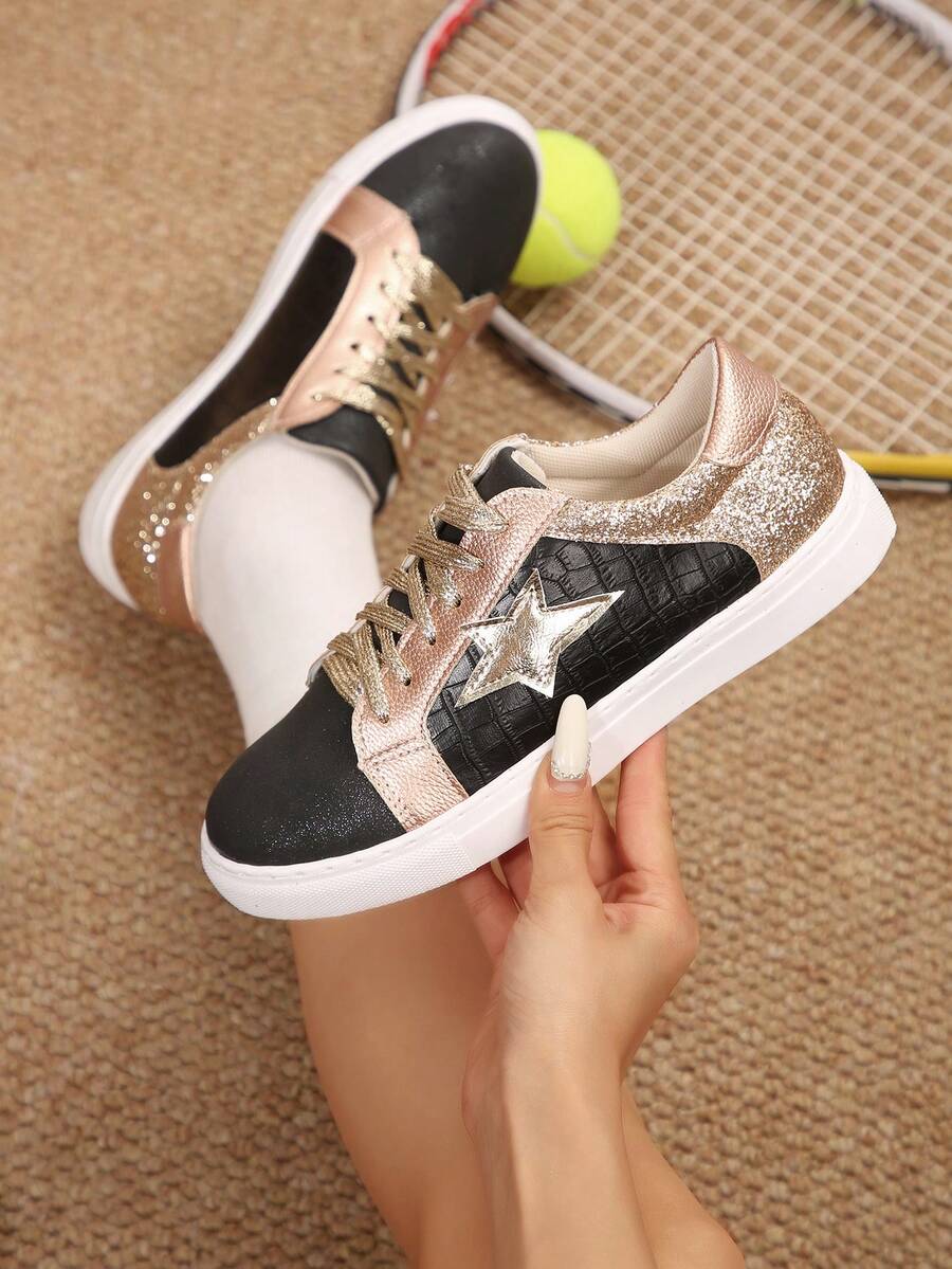 Damskie buty sportowe w dużych rozmiarach z cekinami, wytłoczonym wzorem w kratę i pentagramem, z okrągłym noskiem i sznurowaniem