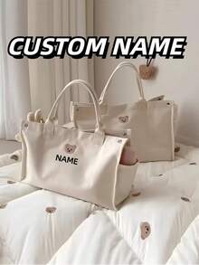 Bolso de tote grande de mamá con capacidad personalizada, nuevo bolso de lona multiusos para salidas y maternidad con diseño bordado de oso, bolso ligero y versátil para viajes al aire libre, regalo personalizable con letra - Beis - Ver 11