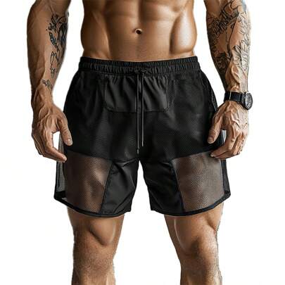 Men Drawstring Elastic Waist Mesh Patchwork Sport Casual Shorts Holiday Summer Beach Bottoms Pants
