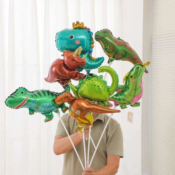 6pcs Mini Dinosaur Balloons Set, Tyrannosaurus Rex & Triceratops Foil Balloons, Jungle Theme Party Birthday Decorations