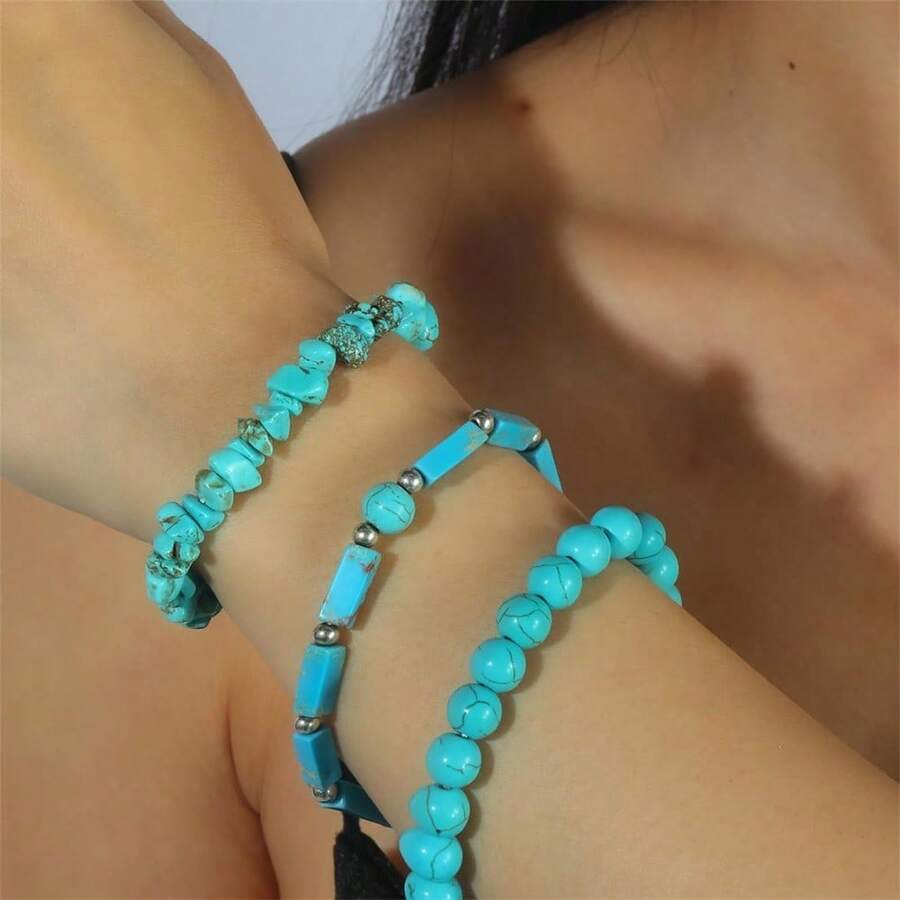 3Pcs Set Jewelry Blue Turquoise Bracelets For Women Men Bohemia Boho Jewellery Beads Bracelet Natural Stone Stretch Bracelets Spring Summer Beach Vacation Accessories Gift For Wife Girlfriend - L0544-3pcs - View 1