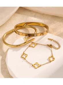 1 Set 3pcs Stainless Steel Minimalistic Floral Hollow Design Bangle Bracelets, Fashion Elegant Creative Personalized Gift For Women Daily Wear