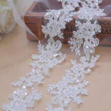 1 Yard White Beaded Embroidered Lace Applique, Dress & Wedding Gown Decorative Trim, 6cm Wide - White - View 1