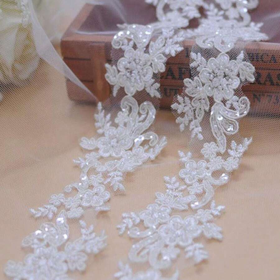 1 Yard White Beaded Embroidered Lace Applique, Dress & Wedding Gown Decorative Trim, 6cm Wide - White - View 1