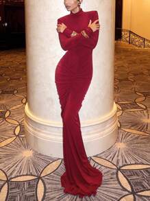 Women's High Neck Long Sleeve Padded Shoulder Ruched Fishtail Dress, Evening Gown