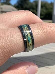 1 Men's 8mm Black Stainless Steel Ring With Flowing Sand Design Style, Suitable For Gifting, Gatherings, Holiday Celebrations, Christmas, Carnival, Father's Day