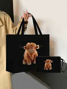 Yak Print Black Linen Handbag, Large Capacity Cosmetic Bag With Hand Strap, Black Linen Coin Purse, Black Square Shopping Bag, Women's Linen Large Capacity Tote Bag, Handbag And Cosmetic Bag Set, With Pattern Print Design, Suitable For Women, Is The Best Choice For Daily Leisure, Travel And Outdoor, Or A Thoughtful Gift For Family, Friends, And Artistic Style And Artistic Workers. Birthday Gifts, Teacher's Day Gifts, Mother's Day Gifts. - Black - View 3