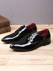 Men's Printed Pointed Toe Low-Top Lace-Up Low Heel Formal Dress Shoes, British Style For Mid-Aged, Party, Spring & Autumn, Hairdresser, PU Leather