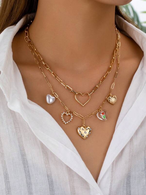 2pcs/Set Cross-Border Heart Shaped Pendant Necklace Chain, Fashionable Luxury For Women, Suitable For Daily Wear And Holidays