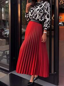 女士高腰百褶职业半身裙，优雅中长裙（不含腰带）春季款 - 紅色 - 查看 3