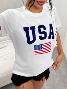 Damen lässiges Lässig Kurzarm einfaches T-Shirt mit Buchstaben- und USA-Flaggen-Muster-Druck - geeignet für den Sommer
