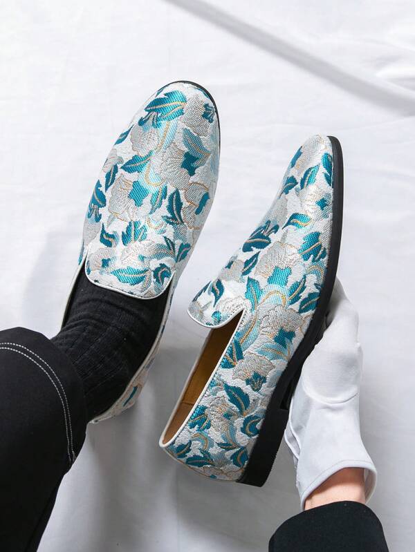 Men's Floral Embroidery Flat Loafers, Suitable For Driving, Wedding, Party And Celebrations
