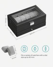 SONGMICS Watch Box, Watch Case With Glass Lid, 2-Tier Watch Display Case For 12 Watches, Lockable, 1 Drawer, For Rings, Bracelets, Gift Idea, Black Coating And Grey Lining - 黑色 - 查看 5