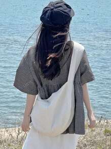 女士正式撞色格纹印花领荷叶边短袖休闲衬衫，适合春夏季