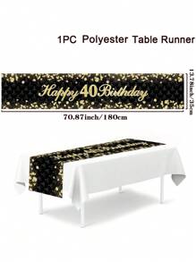 1 pièce Bannière d'extérieur Joyeux 40e anniversaire Noir et Or, Décoration de fête d'anniversaire, Décor d'arrière-plan, Chemin de table d'anniversaire, Nappe de table rectangulaire réutilisable, Décoration de table de cuisine, Décoration d'intérieur