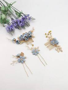 4件套仿碎花金属发夹和侧梳，适合日常佩戴、发饰、婚礼、新娘发型、头部配饰 - 珊瑚粉 - 查看 10