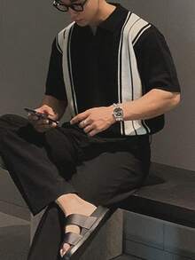 Áo thun dệt kim tay ngắn cổ chữ V dáng rộng, phối màu tương phản, kiểu dáng công sở châu Âu & Mỹ, dành cho cả nam và nữ, hàng mới về mùa xuân/hè. - màu đen - Xem 3