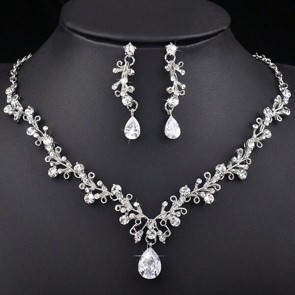 3 pièces/Set Boucles d'oreilles de mariée et collier, Décorations de mariage, Accessoires de robe de mariée, de luxe brillant et lumineux pour la fête