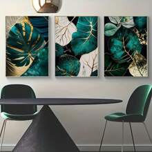 Set Of 3 Abstract Golden Green Plant Leaves Wall Poster, Creative Plant Canvas Wall Painting Gift, Bedroom Decor, Office Decor, Living Room Decor, Wall Decor, Home And Dormitory Decorative Painting Optional Frame Painting, Wall Art With Frame