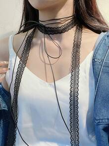 多层蕾丝丝带细长围巾项链，带领口设计，适合春夏季节 - 彩色 - 查看 7