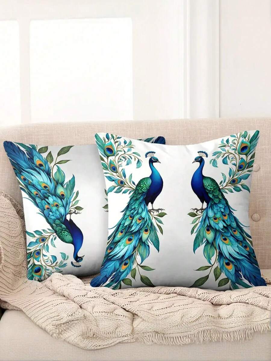 1/2/4 Pcs Peacock Pattern Throw Pillow Covers, Single-Sided Print, Soft Polyester, Modern Art Style For Living Room And Bedroom Decor, Zip Closure, Machine Washable, Peacock Decor, Short Plush, Simple Design, Creative, Elegant, Beautiful, No Pillow Insert(15.7*15.7/17.7*17.7/19.7*19.7inch),Fall Decor,Autumn Decor,Room Decor - Royal Blue - View 1