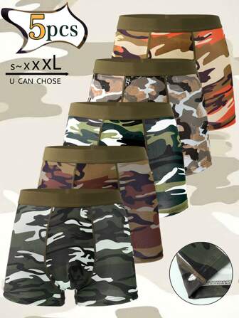 5条装男士新颖短裤，采用涤纶纤维弹力面料，柔软亲肤，迷彩图案印花，军绿色腰带，速干透气，运动休闲男士平角短裤