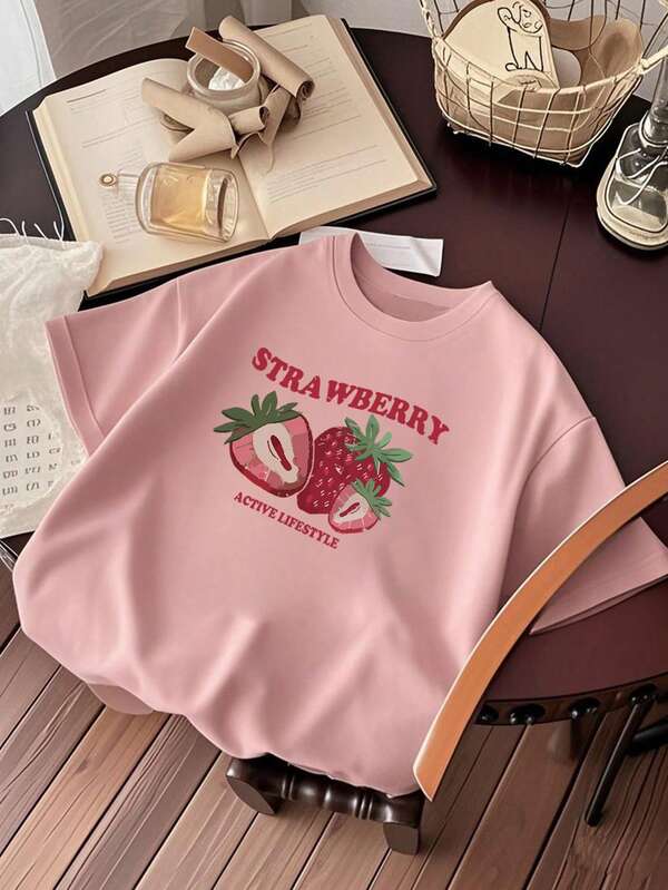 Girls & Teens Student Casual Pink Graphic Print Round Neck Short Sleeve T-Shirt, Summer Top