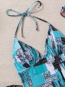 European & American Fashion Sexy Geometric Print Halter One-Piece Swimsuit With Matching Cover-Up Skirt