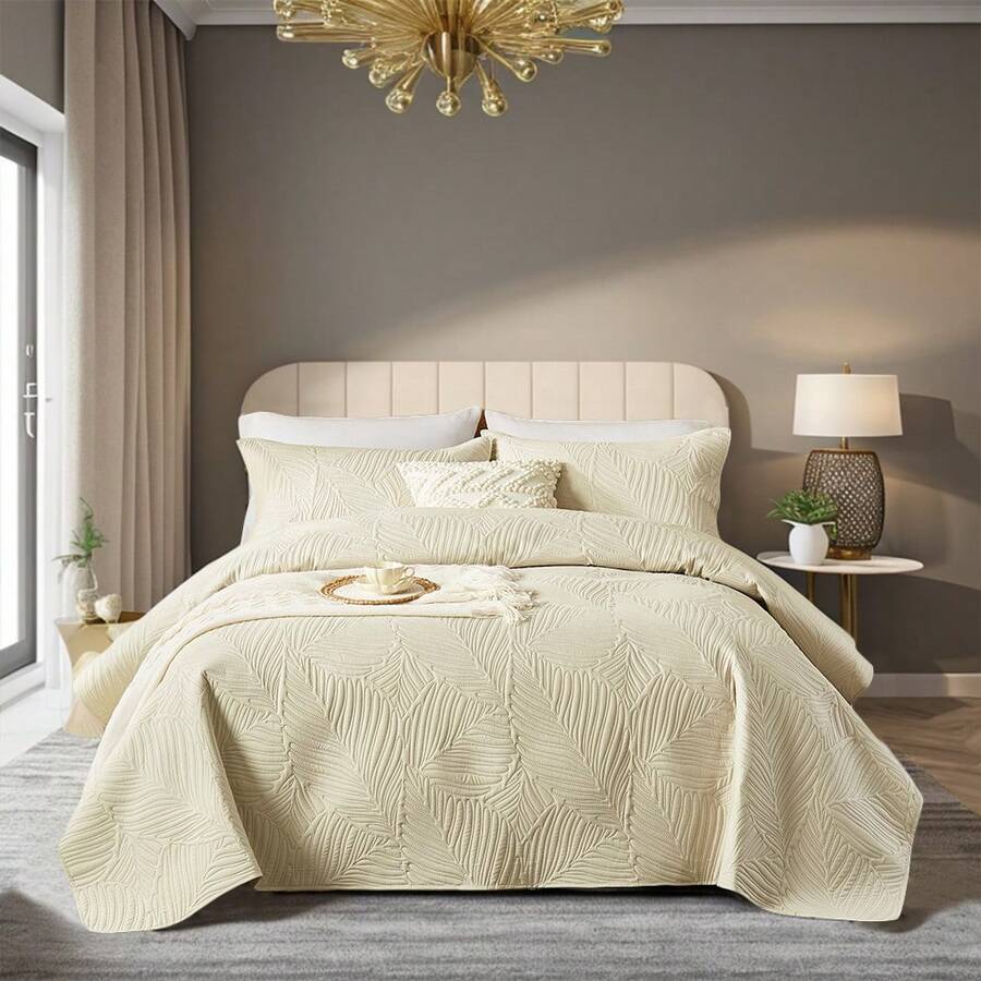 2/3 Piece Ultrasonic Embossed Bed Cover, Breathable, Durable Bedding Set,Including 1 Quilt, 1/2 Pillowcases, Machine Washable, All-Season, Room Decor, Bedroom Decor, Holiday, Easter - LightKhaki - B10 - Xem 1