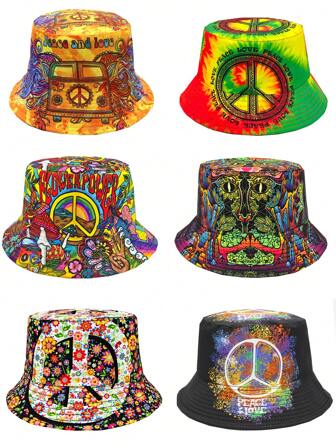 带有和平与爱心图案的可翻转渔夫帽，男女轻便休闲户外太阳帽，波西米亚风格适合度假