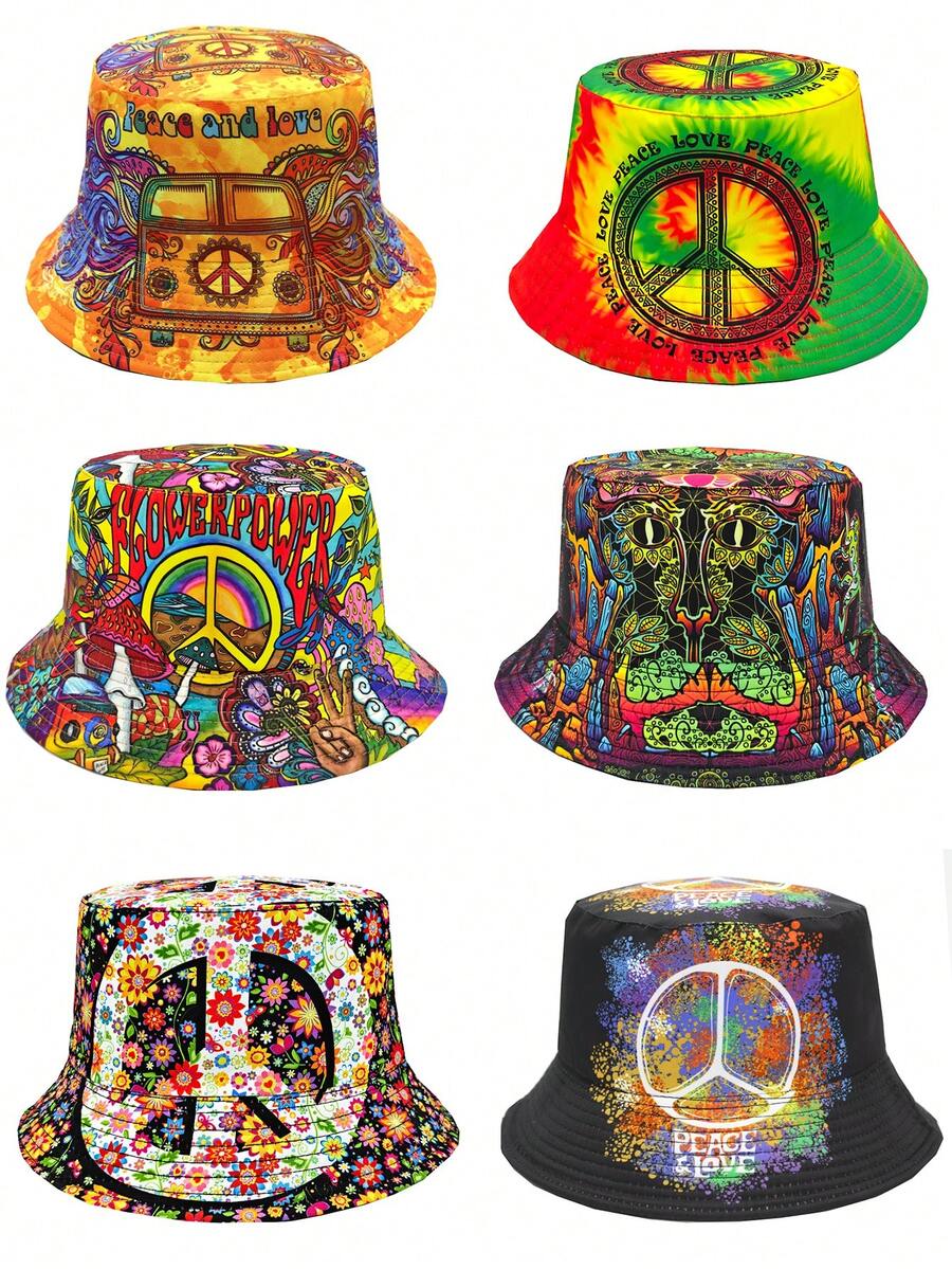 Reversible Bucket Hat With Peace & Love Pattern, Lightweight Casual Outdoor Sun Hat For Men And Women, Bohemian Style Suitable For Vacation - A - View 1