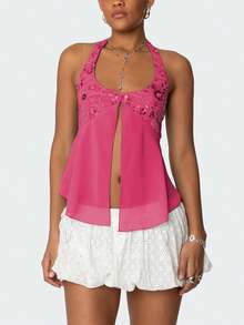 Womens Y2K Sequin Cami Tops Sexy Sparkle Lace Up Crop Top Tie Up Halter Scoop Neck Straps Tank Top - 玫紅色 - 查看 2