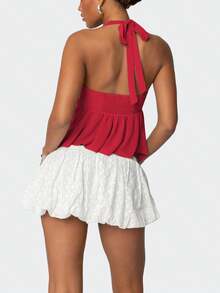 Womens Y2K Sequin Cami Tops Sexy Sparkle Lace Up Crop Top Tie Up Halter Scoop Neck Straps Tank Top - 紅色 - 查看 3
