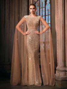 Women Elegant Champagne Beaded Sequin Mermaid Formal Evening Gowns Spring Summer Mermaid Cocktail Party Wedding Guest Maxi Dresses Gala Banquet Dinner - Champagne - View 1