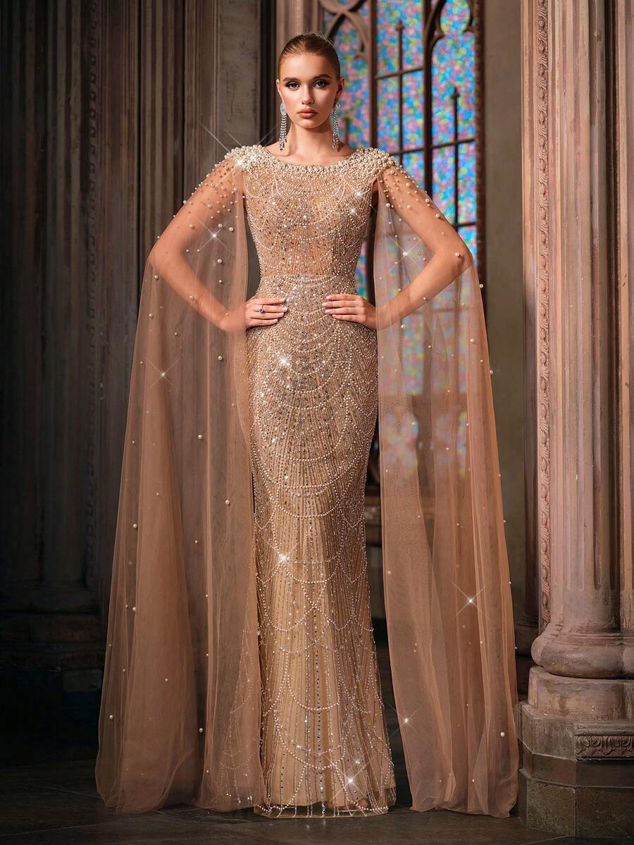 Women Elegant Champagne Beaded Sequin Mermaid Formal Evening Gowns Spring Summer Mermaid Cocktail Party Wedding Guest Maxi Dresses Gala Banquet Dinner - Champagne - View 1