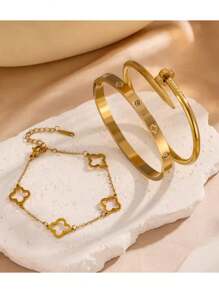1 Set 3pcs Stainless Steel Minimalistic Floral Hollow Design Bangle Bracelets, Fashion Elegant Creative Personalized Gift For Women Daily Wear