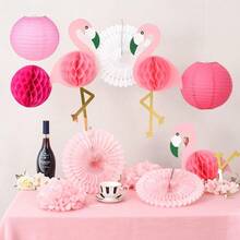 11Pcs Pink Flamingo Plush Pom Poms, Paper Flowers, Paper Fans, Lanterns Decorative Set, Ideal For Hawaiian Summer Beach Party, Tropical Party, Birthday Party, Bachelorette Party, Barbecue - Pink Suit - View 6