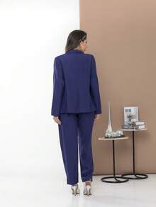 Women's Blazer And Tailored Pants Set - Navy Blue - View 5