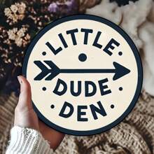 1pc 2D Retro "Little Dude Den" Metal Sign, 8 Inch Round Metal Wall Decor, Suitable For Bar And Office Decoration, Durable Waterproof, Perfect For Home, Patio, Garden, Bar Wall Art Decor - Hole Style Random
